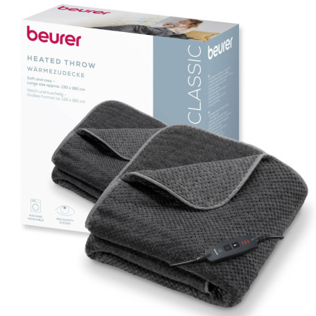 Couverture Chauffante Douillette Beurer HD 65 - 3 Niveaux de Température, Lavable, Gris