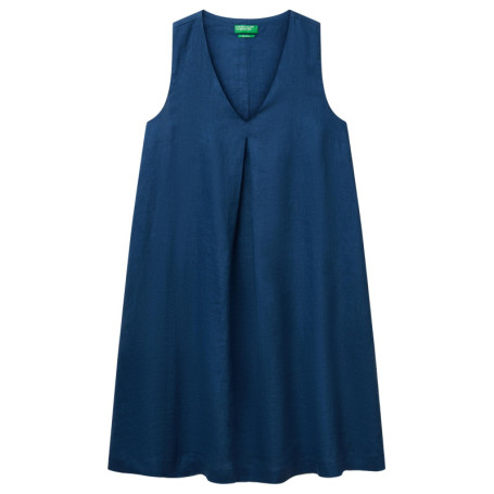 Robe Courte en Lin Bleu avec Col en V - United Colors of Benetton