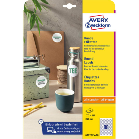 Lot de 10 Étiquettes Rondes Amovibles AVERY Zweckform - 880 Autocollants à Imprimer