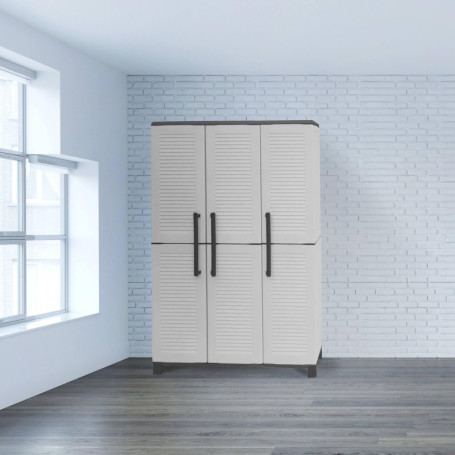 Armoire d'Extérieur Nandrin Dmora - Meuble Porte-Balais 3 Portes, Gris Clair et Noir