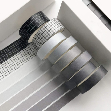 Ensemble de 8 Rubans Adhésifs Washi Décoratifs - Couleurs Noir et Blanc