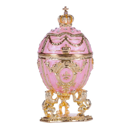 Boîte à Bijoux Œuf Fabergé avec Lions et Couronne - Rose 7,5 cm