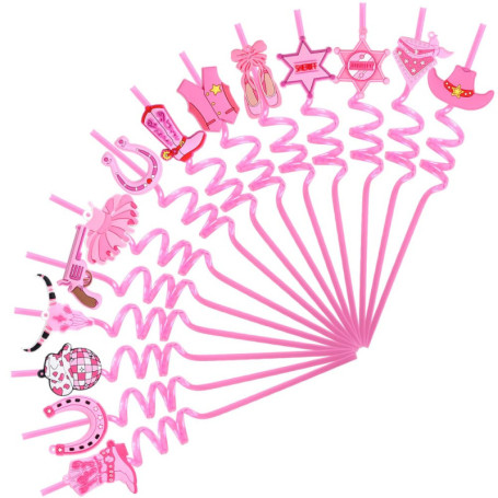 Lot de 14 Pailles Roses Pliables avec Motifs Cow-boy pour Fête