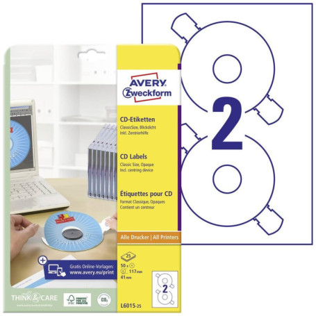Étiquettes CD Avery Zweckform L6015-25 - 50 Étiquettes Blanches Ø 117 mm