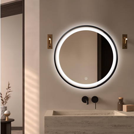 Miroir LED Dileci Rond Ø60 cm avec Éclairage Dimmable et Cadre Noir