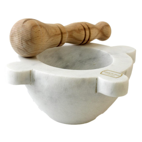 Mortier en Marbre Blanc avec Pilon en Bois - 18 cm