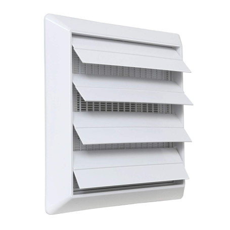 Grille de Ventilation ABS Blanc avec Ailettes et Filet Anti-Insectes - 185 x 185 mm