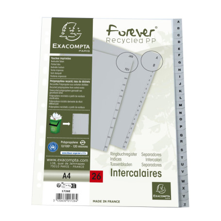 Intercalaires A4 en Polypropylène Recyclé - 20 Onglets Imprimés A à Z