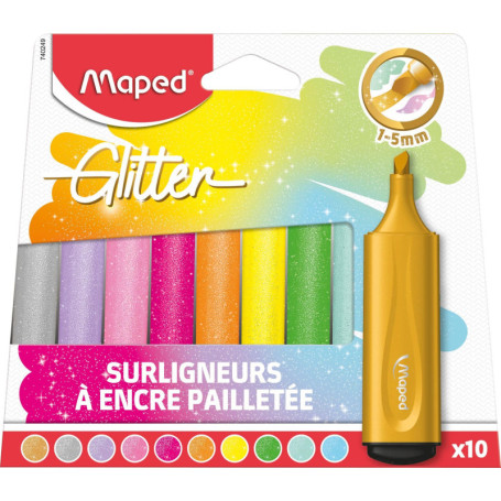Lot de 10 Surligneurs Fluo Glitter Maped - Encres Pailletées pour Écriture Créative