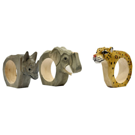 Lot de 3 Ronds de Serviette Animaux Africains en Bois Sculpté