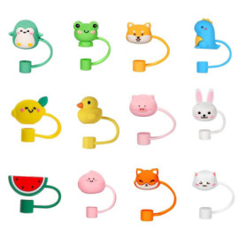 Ensemble de 12 Couvercles de Paille en Silicone Animaux - Réutilisables et Étanches