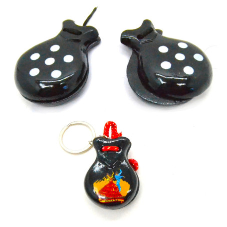 Castagnettes en Bois Noir avec Porte-Clés Flamant Rose pour Adultes