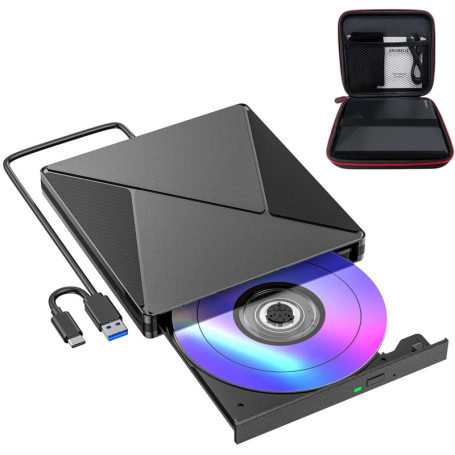 Lecteur CD/DVD Externe BHHB USB 3.0 et USB-C avec Étui de Transport