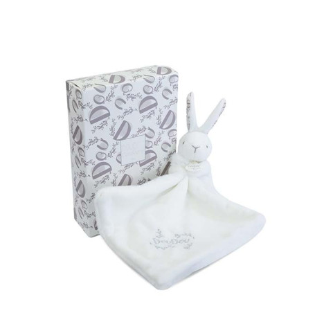 Lapin Doudou Blanc Ultra Doux avec Motif Fleuri - Peluche Bébé