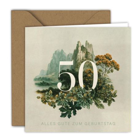 Carte d'Anniversaire Graphique avec Fleurs - 15x15 cm avec Enveloppe Kraft