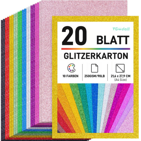 Lot de 20 Feuilles de Papier Pailleté A4 - Multicolore pour Bricolage
