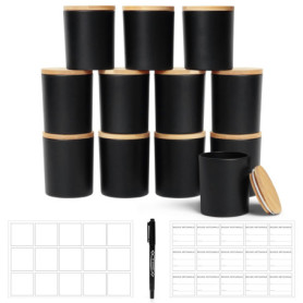 Lot de 12 Pots à Bougie en Verre Noir Givré avec Couvercles en Bambou