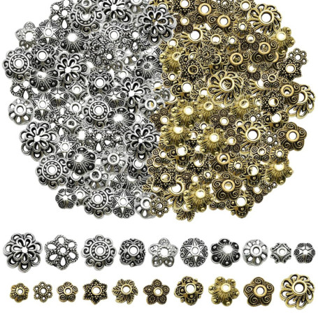 Lot de 200 capuchons de perles dorées et argentées pour bijoux