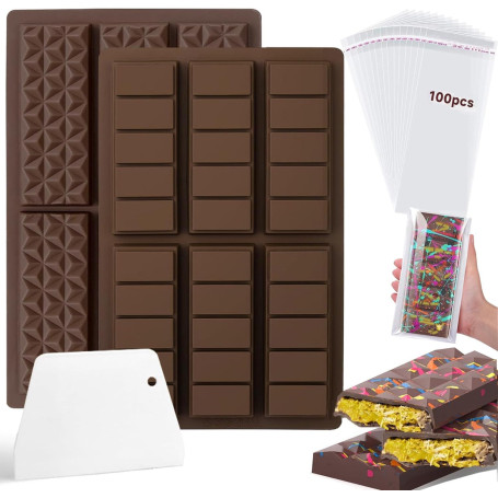 2 Pièces Moule à Chocolat en Silicone, Moule Silicone de 6 Cavités+1 Scraper+100 Sac d'emballage, Moule Tablette Chocolat Dubai 