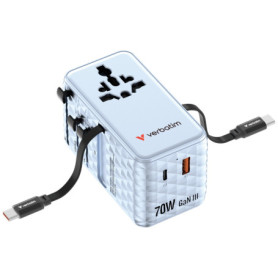 Adaptateur de Voyage Verbatim GaN 70W avec Câbles Intégrés - Chargeur Universel Rapide