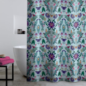 Rideau de Douche Tropical Mya - Oiseaux et Feuillage Bleu Canard 180x180 cm