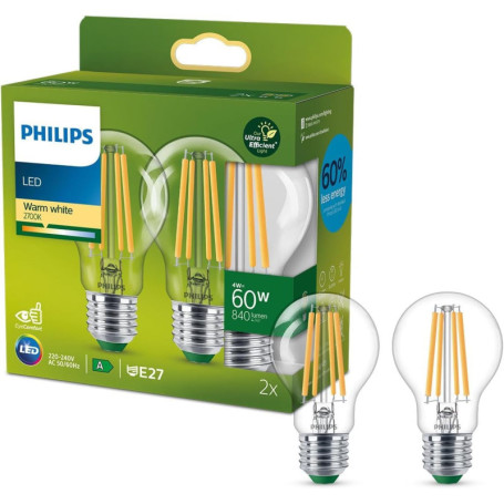 Ampoule LED Philips E27 60W Équivalent, Blanc Chaud, Lot de 2