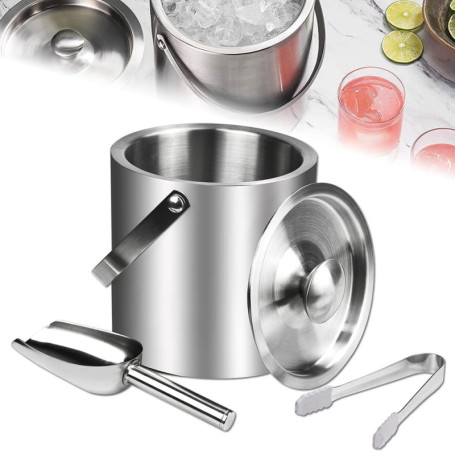 Seau à Glace Isotherme en Acier Inoxydable 2L avec Couvercle et Accessoires