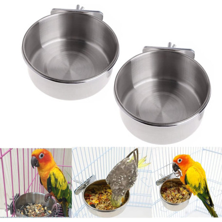 Ensemble de 2 Bols d'Alimentation en Acier Inoxydable pour Oiseaux - Mangeoire Suspendue