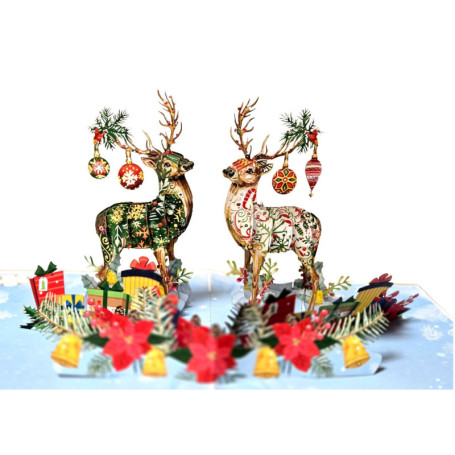 Carte de Noël pop-up 3D avec rennes et paysage hivernal