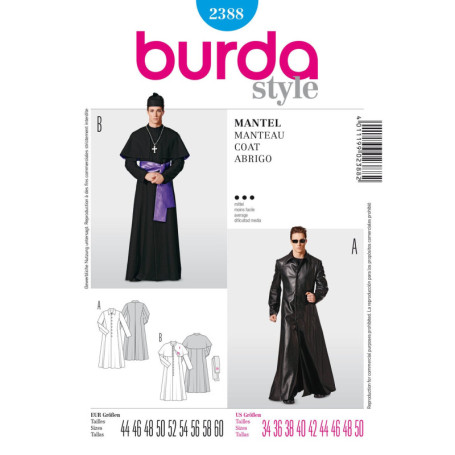 Patron de Couture Burda B2388 pour Manteau Taille 44-60