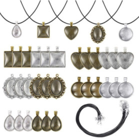 Lot de 75 Plateaux à Pendentifs avec Verre et Cordons pour Bijoux