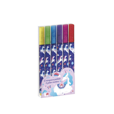 Set de 6 Marqueurs Pailletés Licorne - Créativité Éclatante pour Enfants