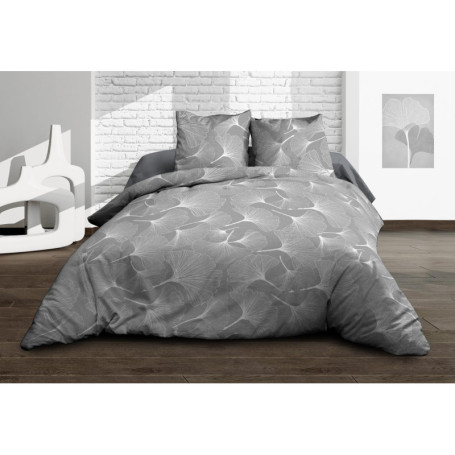 Housse de Couette Biloba Gris 240x260 cm avec 2 Taies en Pur Coton