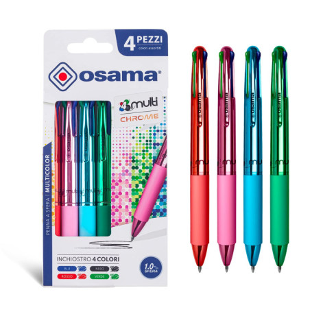 Stylo à Bille OSAMA 4 Couleurs Métallique - Encre Bleue, Rouge, Verte et Noire