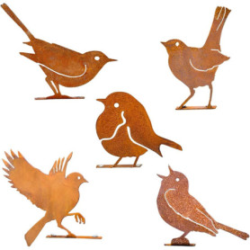 Ensemble de 5 Oiseaux en Métal Rouillé pour Décoration de Jardin