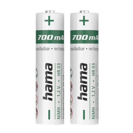 Hama Lot de 2 Piles Rechargeables AAA NiMH 700 mAh - Charge Rapide et Faible Autodécharge