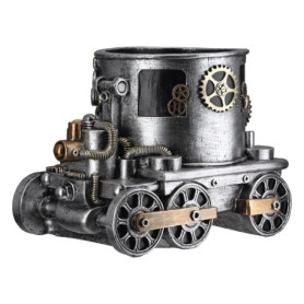 Cache-Pot Steampunk en Résine - Locomotive Argentée avec Motif Engrenages