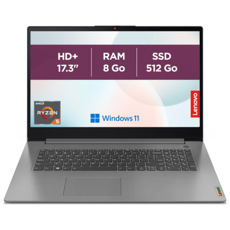Lenovo IdeaPad 3 17.3" - Ordinateur Portable AMD Ryzen 5, 8Go RAM, 512Go SSD, Windows 11