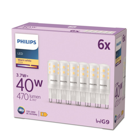 Pack de 6 Ampoules LED G9 Philips - Équivalent 40W Halogène, Éclairage Blanc Chaud 2700K