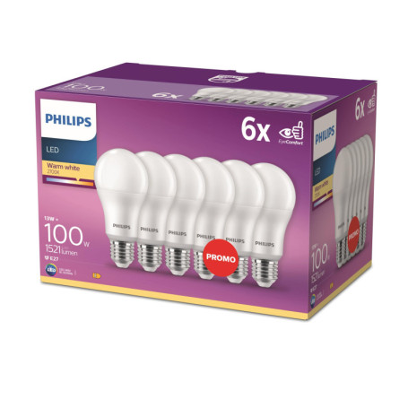 Pack de 6 Ampoules LED Philips E27 Blanc Chaud 100W Économie d'Énergie