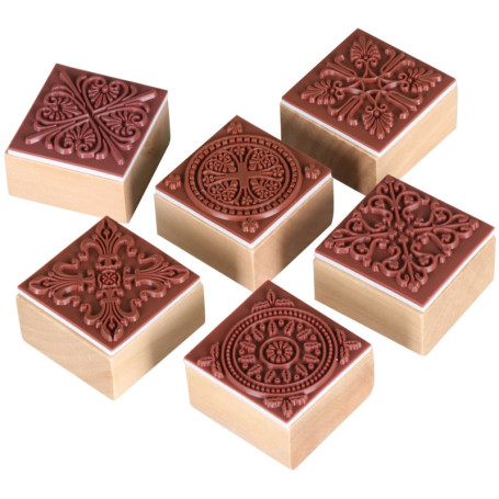 Lot de 6 Tampons en Gomme Carrés avec Poignée en Bois - Motifs Dentelle