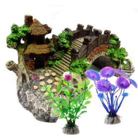 Décoration d'Aquarium ODOOKON avec Plantes Artificielles et Pont Coloré