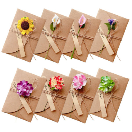 Cartes de Vœux Rétro avec Fleurs Séchées - 8 Pièces en Papier Kraft