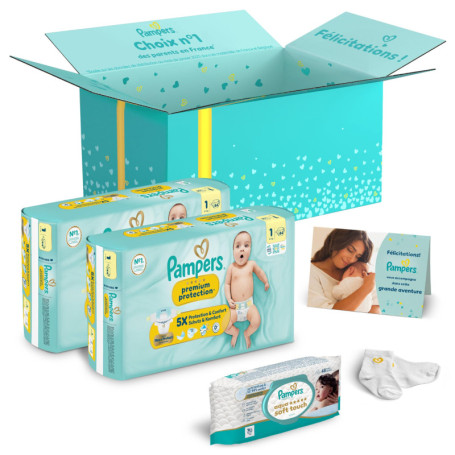Coffret Cadeau Naissance Pampers - Couches Premium, Lingettes et Chaussettes Bébé