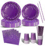 Ensemble de Vaisselle Jetable Violet et Argent pour Anniversaire - 120 Pièces