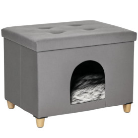 Maison de Chat Design PawHut avec Coussin Doux et Repose-Pieds - Gris