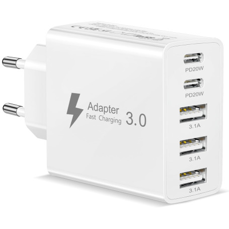 Chargeur USB C Rapide, 50W 5 Ports Prise USB C Chargeur Rapide iPhone Prise USB Multiple Adaptateur USB Chargeur Type C Secteur 