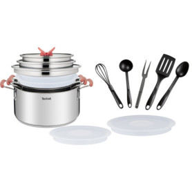 Batterie de cuisine Tefal 13 pièces en acier inoxydable avec ustensiles et couvercles