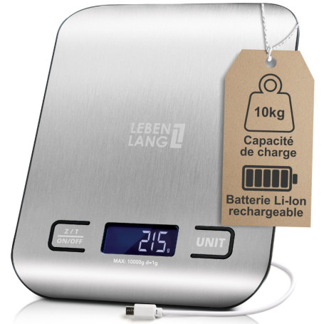Balance de Cuisine Numérique Rechargeable LEBENLANG - Précision 10 kg avec Affichage Rétroéclairé