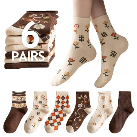 Lot de 6 Paires de Chaussettes Amusantes en Coton pour Femme - Motif Floral